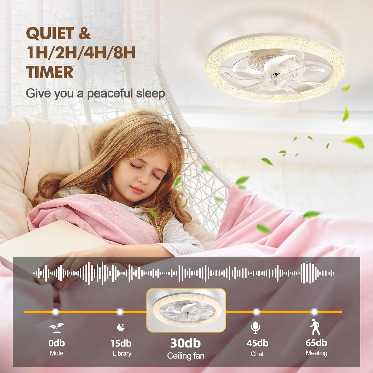 Modern 48CM Smart Ceiling Fan with LED Light, 6-Speed, Quiet, Dimmable