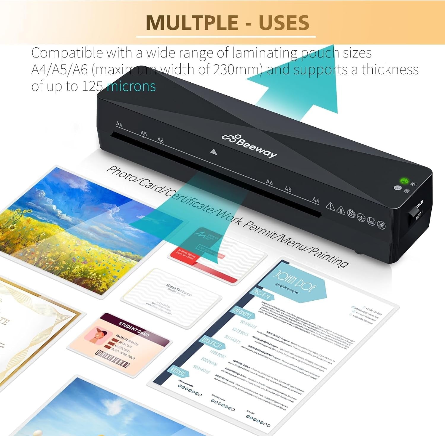A4 Laminator Hot Cold Machine Fast Warm Up High Speed Jam Release + Pouches