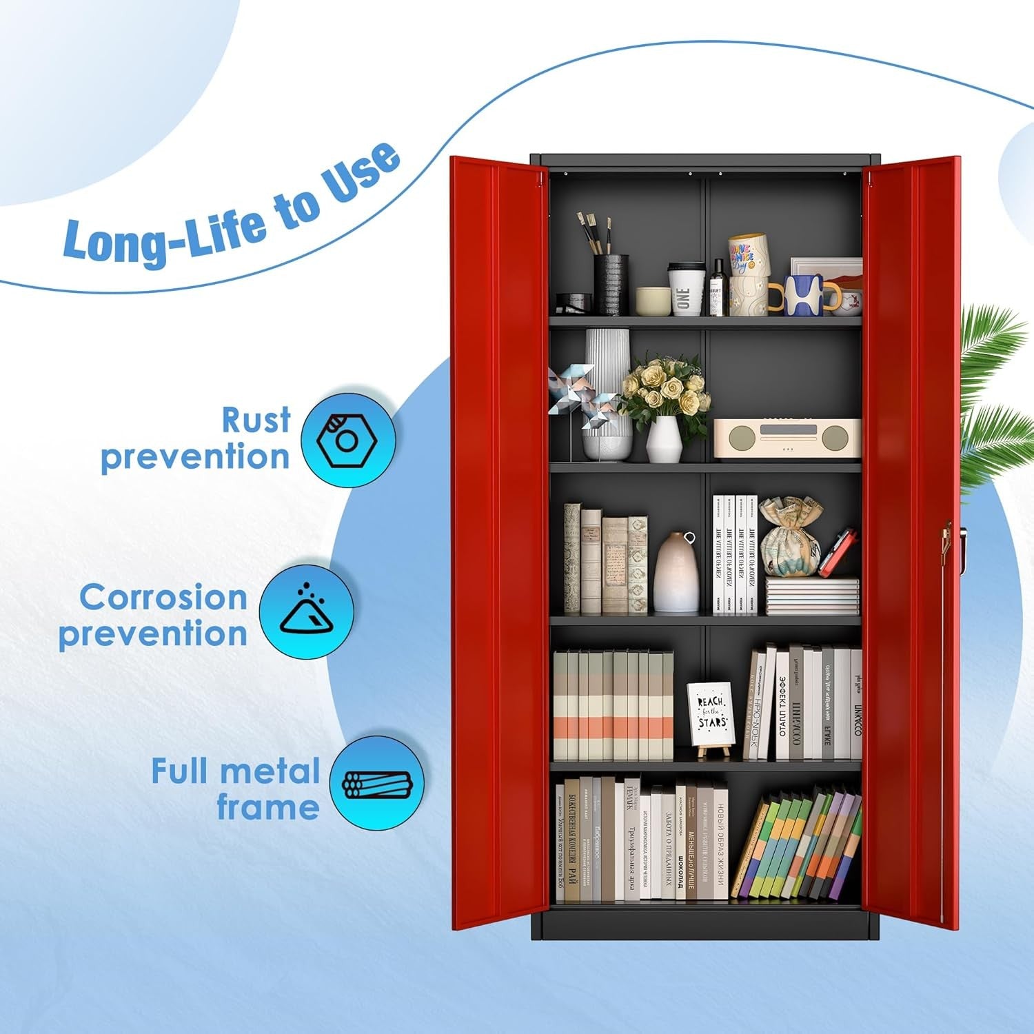 Tall Metal Storage Cabinet 180cm Lockable Cupboard with Adjustable Shelves