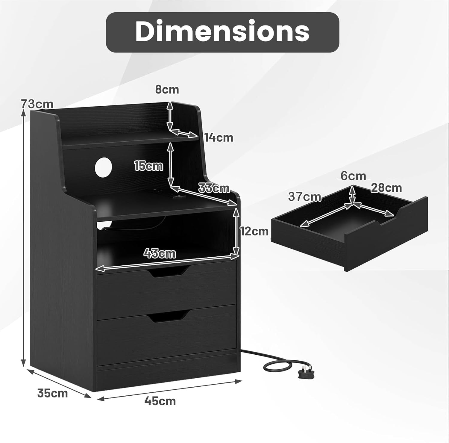 Black LED Bedside Tables with Charging Station, Drawers & RGB Display Shelves