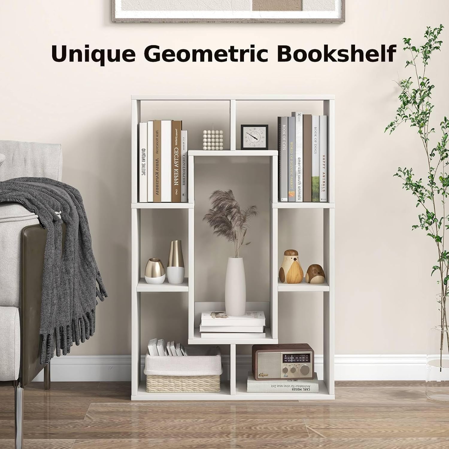 7-Cube White Geometric Bookcase Modern Room Divider Storage Display Shelf
