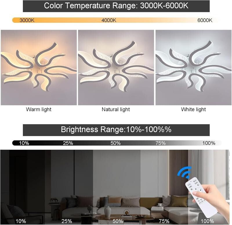 Flame Shape LED Ceiling Light 50W Dimmable Remote 3 Colour Modern Fixture