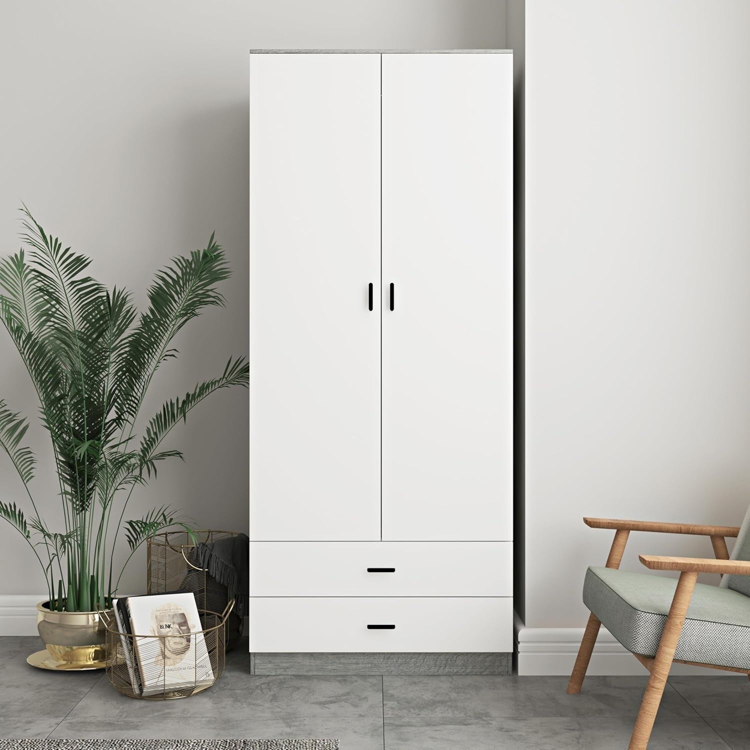 Tall 2 Door White Drawer Wardrobe Modern Clothes Storage for Bedroom Home