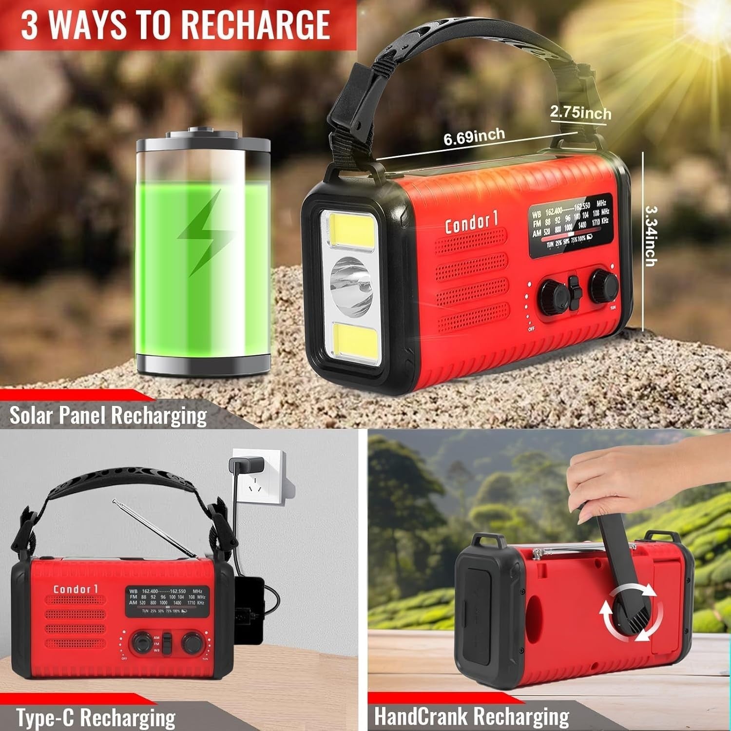 Emergency Solar Hand Crank Radio 20000mAh AM/FM/NOAA Flashlight Red