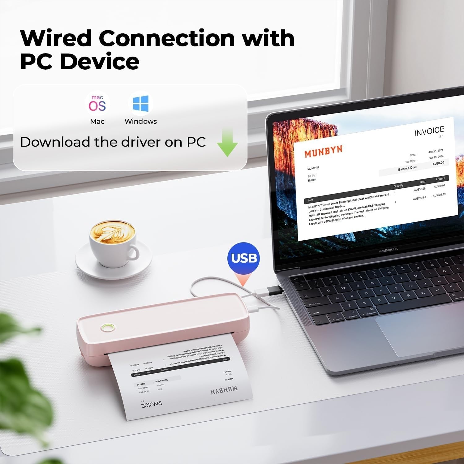 Portable A4 Thermal Printer Pink Bluetooth USB-C Inkless Mobile Printer