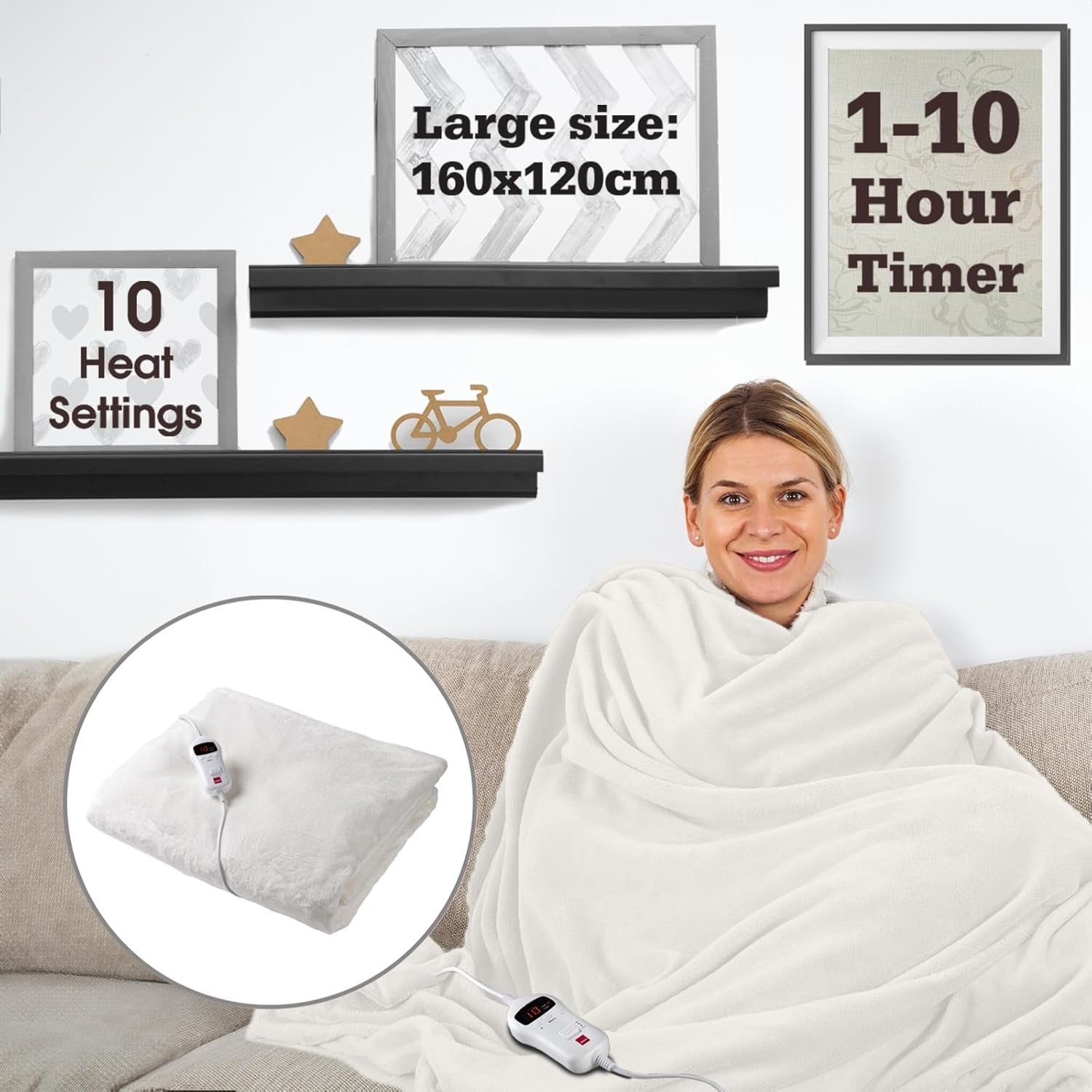Electric Heated Throw Blanket Fast Heat Flannel Teddy 10 Settings Timer 160x120c