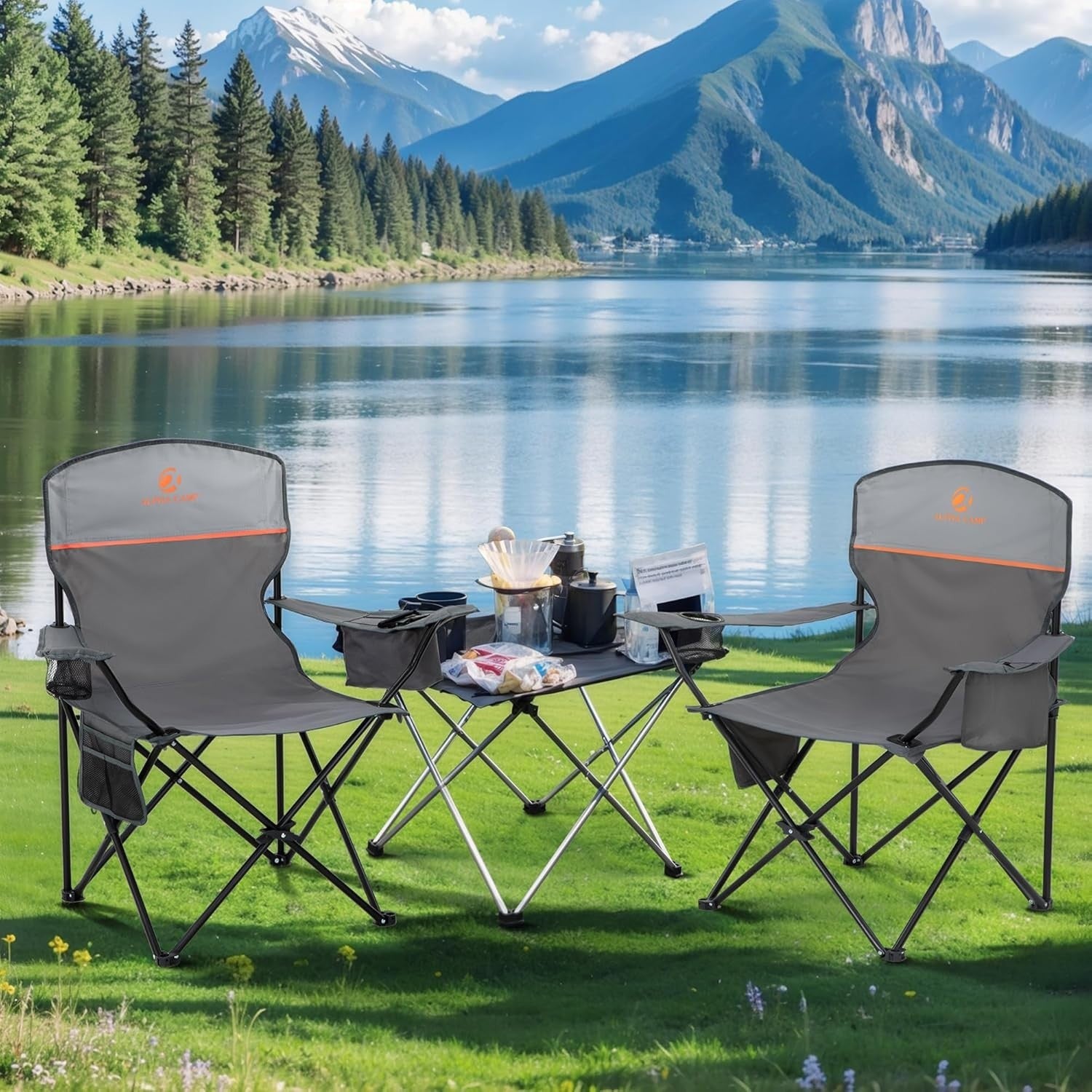 Portable Folding Camping Chairs 2-Pack with Cooler Bag, Cup Holders, 100kg