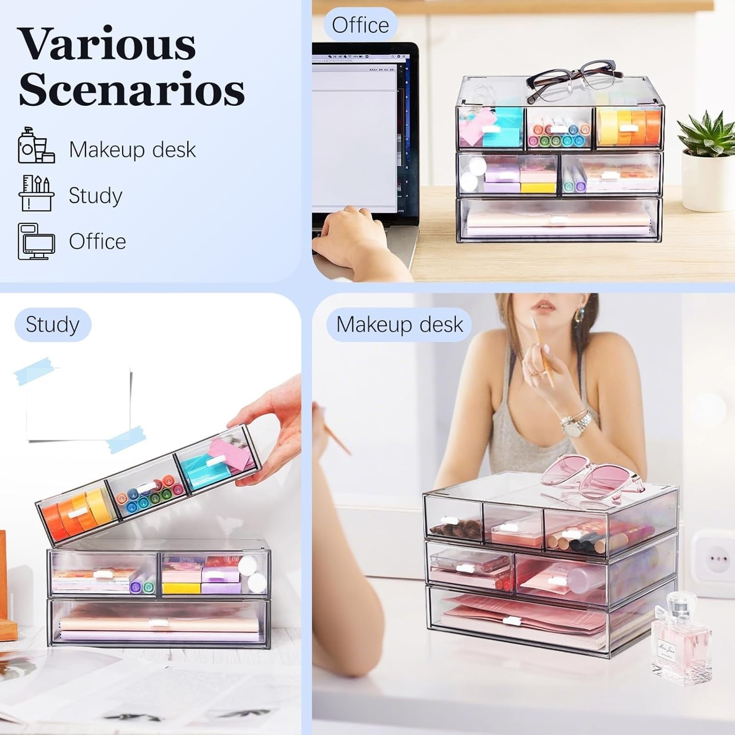 3 Tier Clear Desk Organizer 6 Drawers Stackable Storage Box Office Home