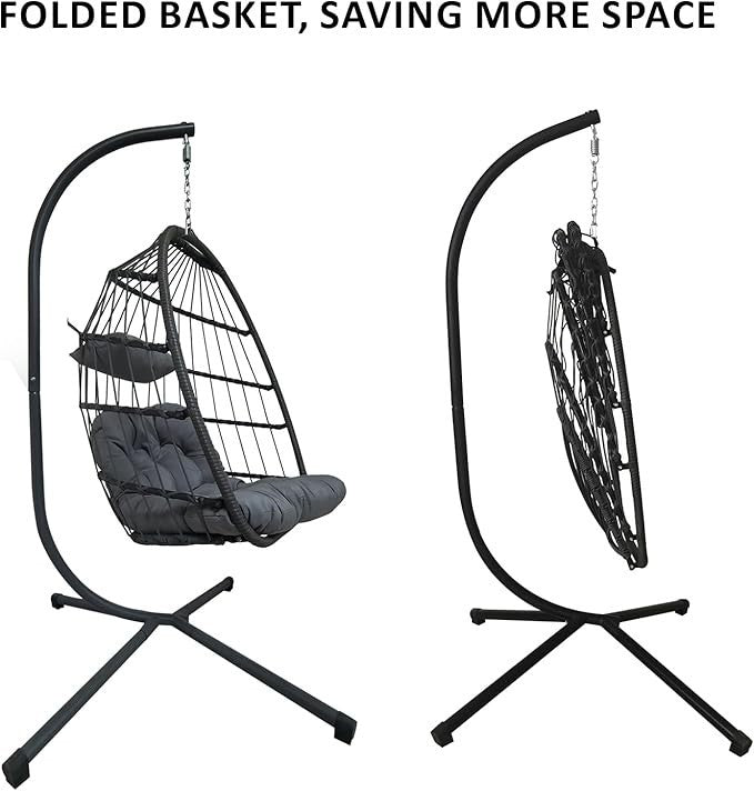 Foldable Rattan Egg Chair with Cushion Indoor Outdoor Hanging Swing Seat