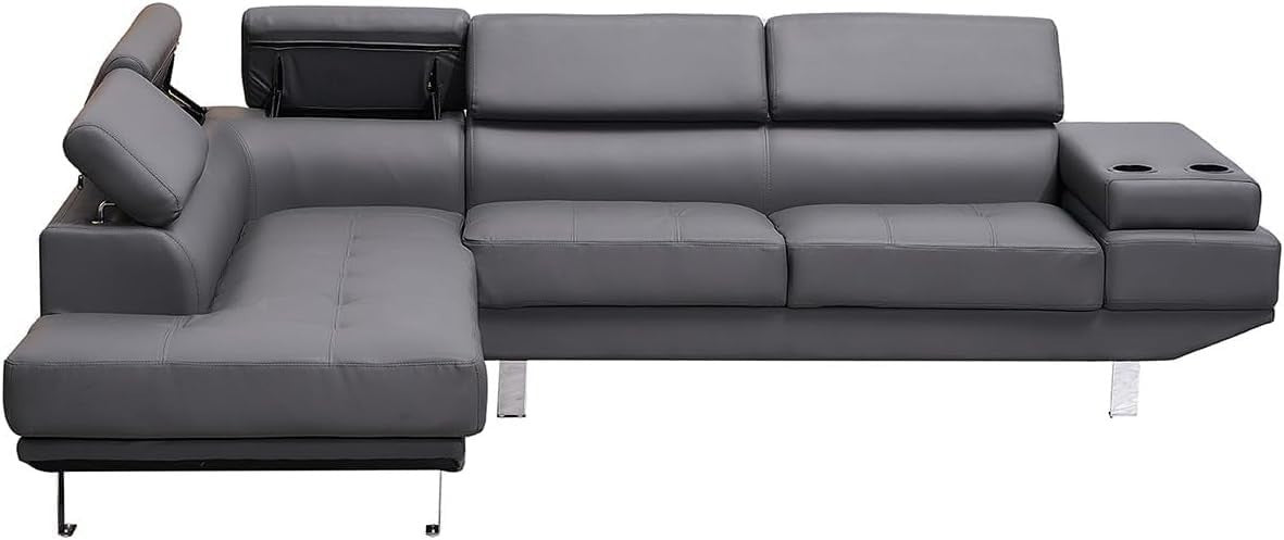 Grey Bonded Leather Corner Sofa LH | Adjustable Headrests + Cup Holders