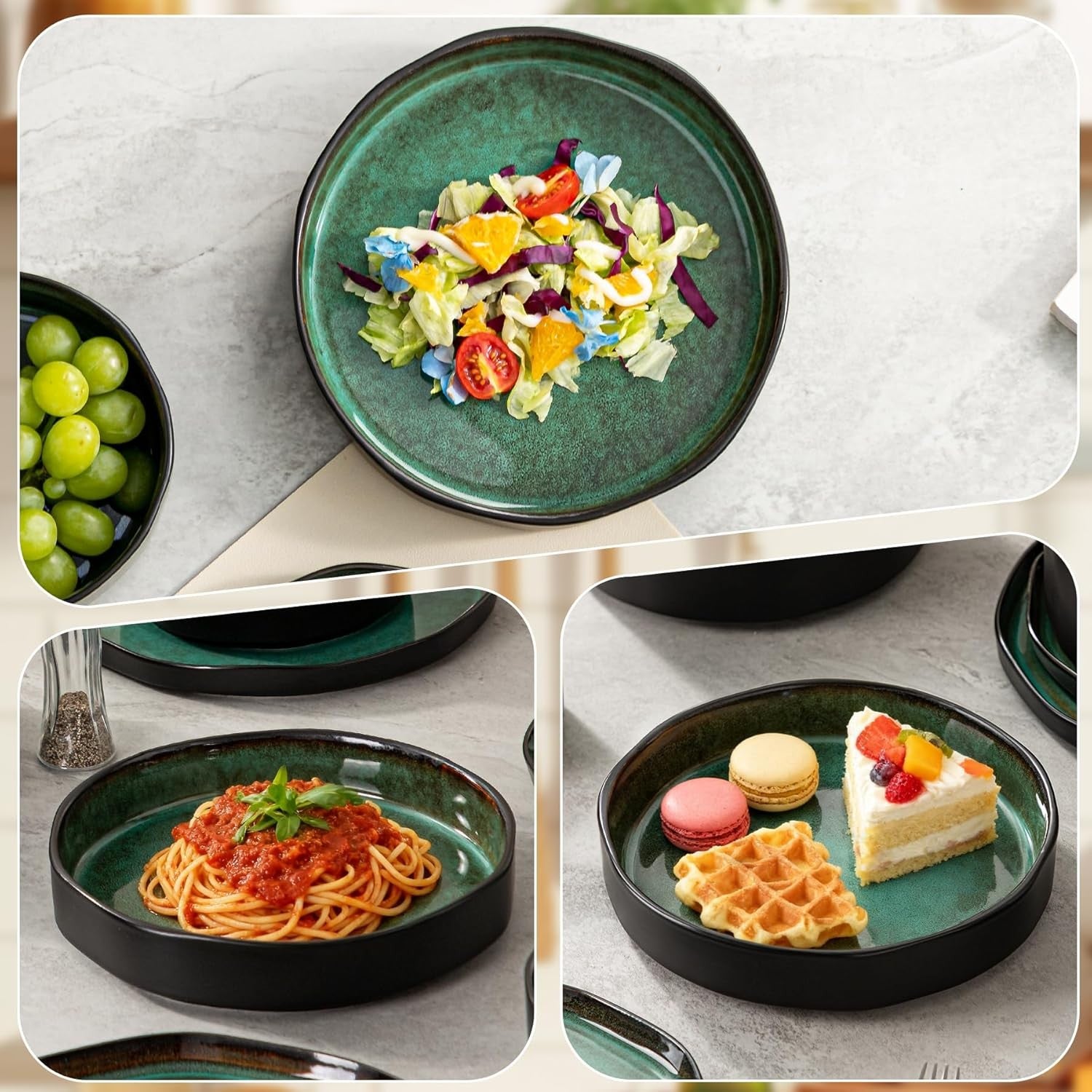 4pc Large Pasta Bowls 1000ml 22cm Deep Porcelain Plates Green Set
