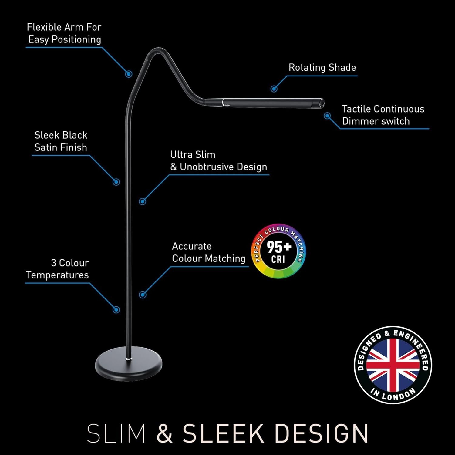 LED Floor Lamp Adjustable Brightness Black Reading Lamp Flexible Arm