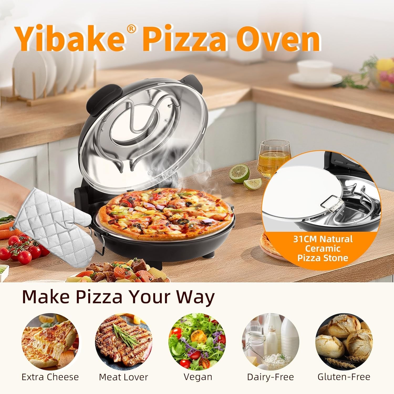 31cm Electric Pizza Oven 1200W Dual Temp Stone Base Fast Heat Black