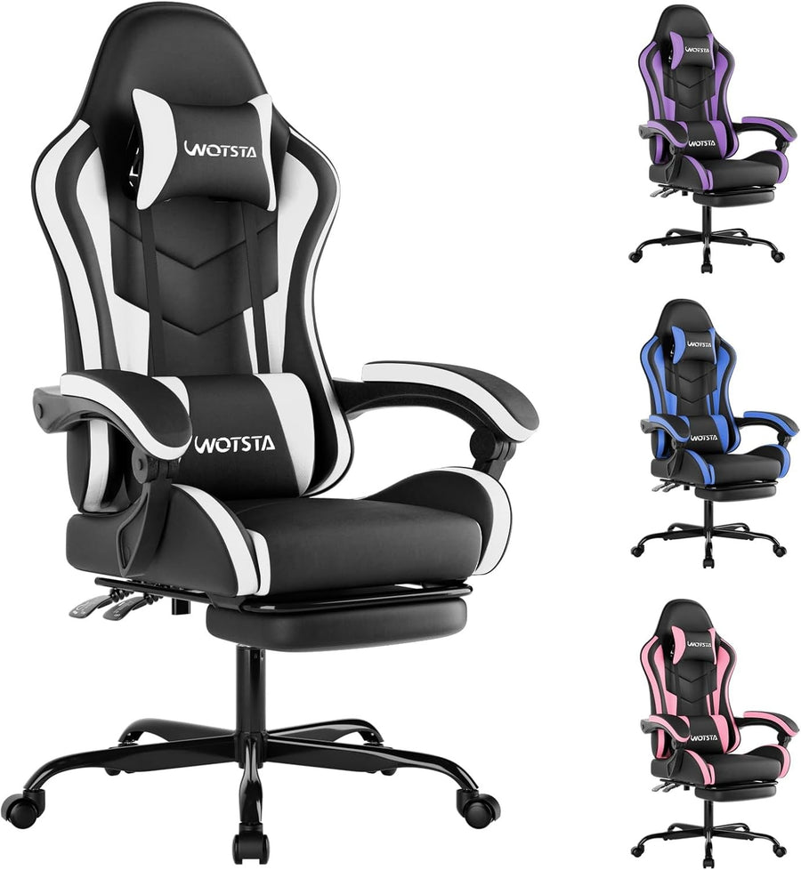 Ergonomic Gaming Chair with Footrest & Lumbar Support – Black White PC Seat
