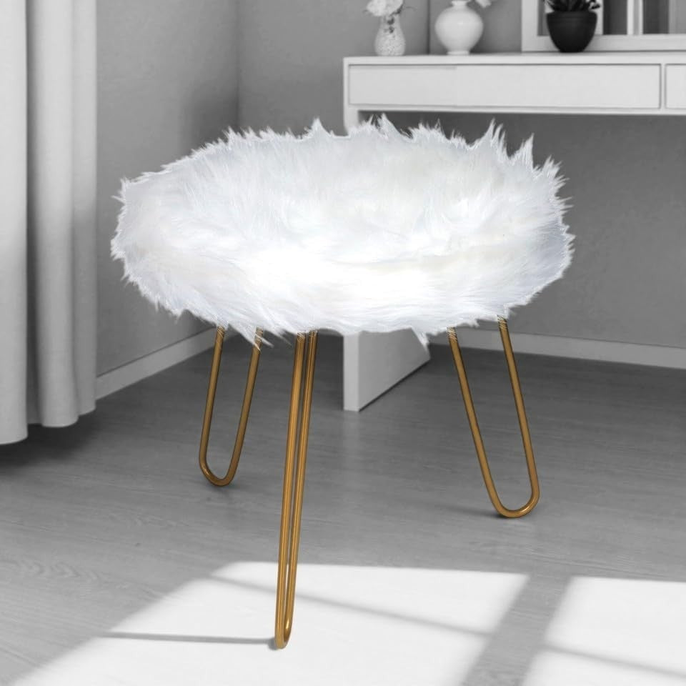 White Faux Fur Vanity Stool Round Gold Hairpin Legs Modern Accent Seat