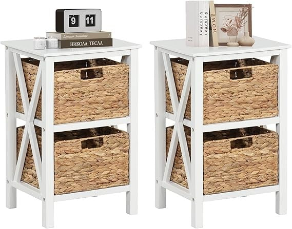 2x White Bedside Tables with Seagrass Baskets | Rustic 2-Tier Slim Nightstands