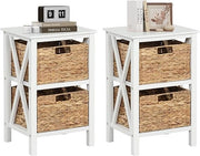 2x White Bedside Tables with Seagrass Baskets | Rustic 2-Tier Slim Nightstands