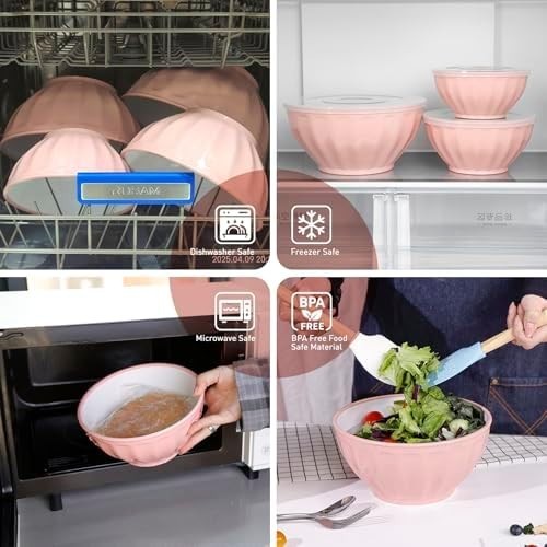 BoxedHome 4-Piece Pink Mixing Bowl Set – Nesting, Lids Included, BPA Free