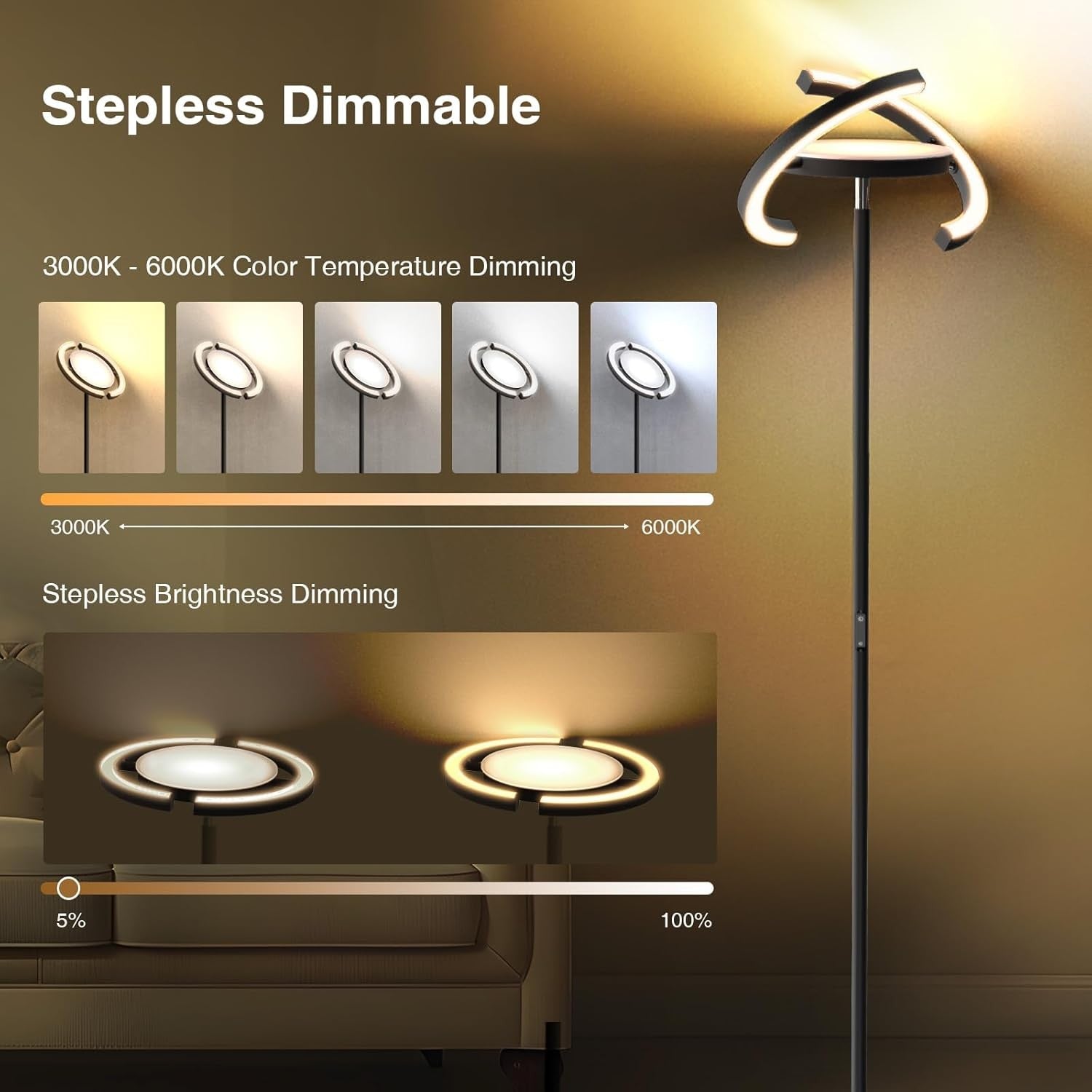 Modern LED Floor Lamp Dimmable Remote Touch Eye Caring Uplighter Black