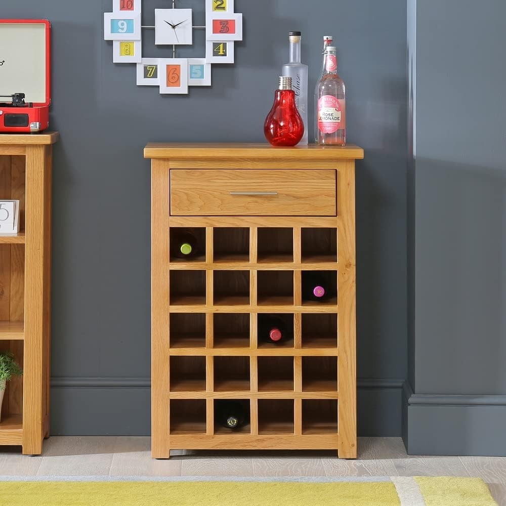 Solid Oak Wine Rack Cabinet Table 20 Bottle Storage Drawer Modern Lacquered