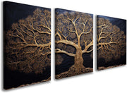 Set of 3 Golden Tree Canvas Wall Art 12x16 Framed Modern Luxury Decor