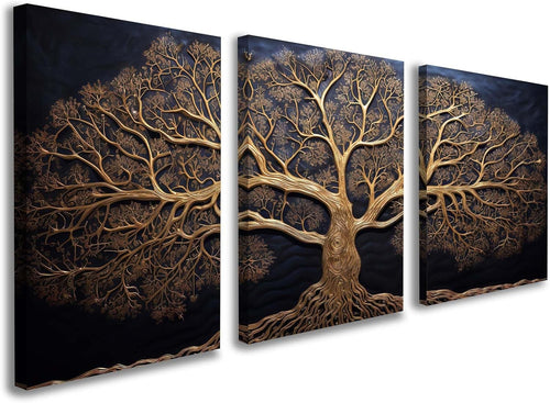 Set of 3 Golden Tree Canvas Wall Art 12x16 Framed Modern Luxury Decor