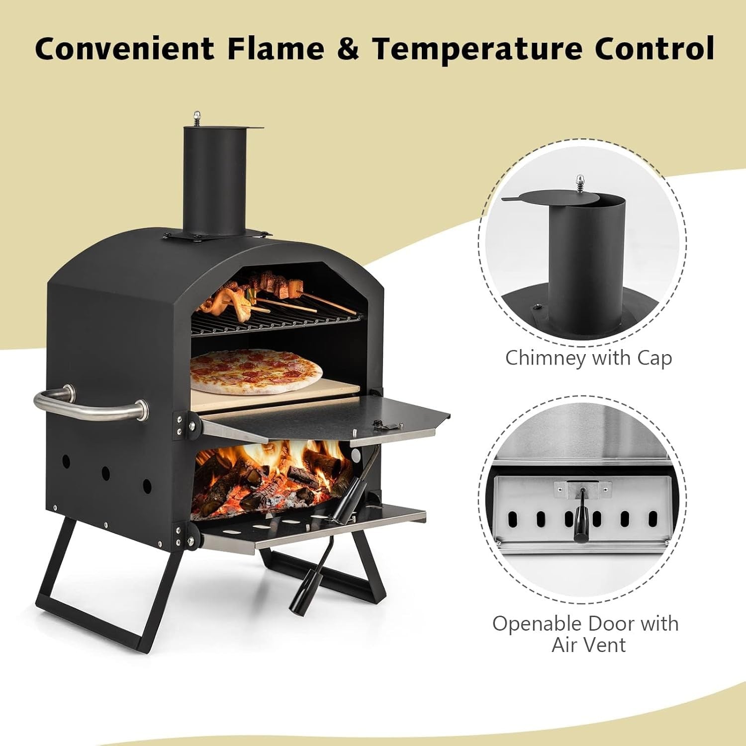 Wood Fired Outdoor Pizza Oven 2-Layer Stone BBQ Cooker with Cover & Peel