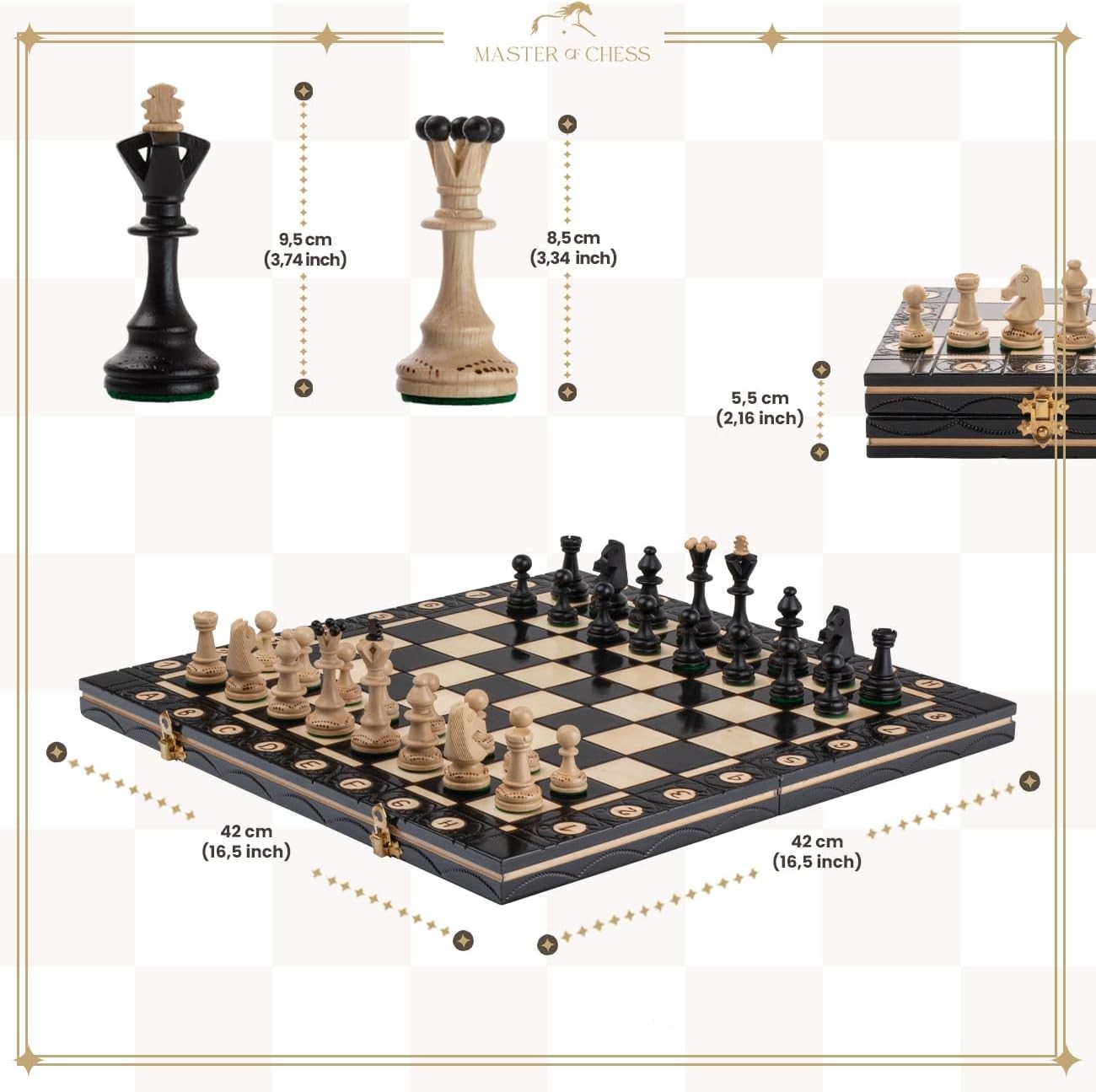 Luxury Wooden Chess Set 42cm • Burned Detail Board • Hand-Carved Pieces • Gift R