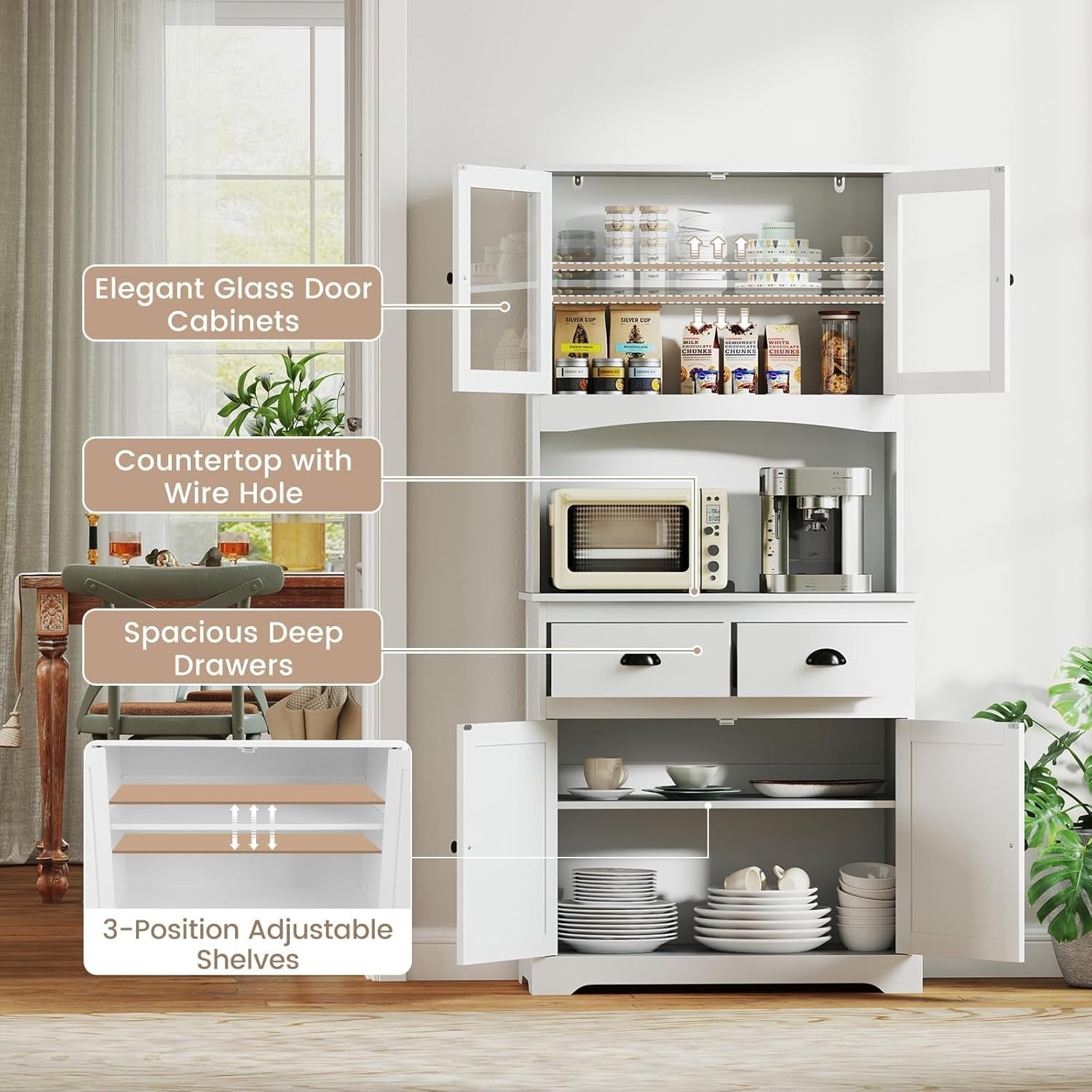 170cm Tall 4-Door Kitchen Cupboard 2-Drawer Adjustable Shelves White