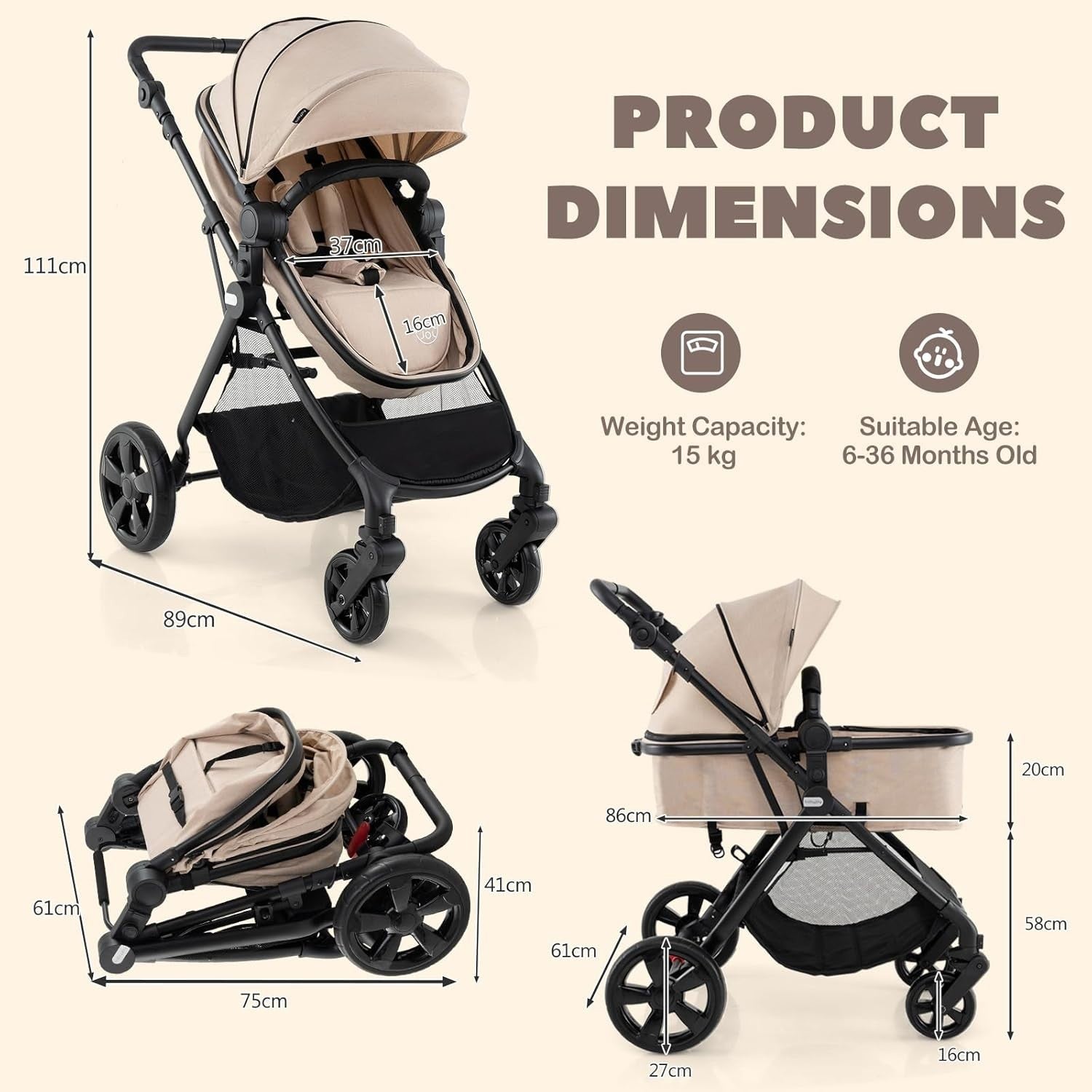 2in1 Baby Pushchair Reversible Seat Foldable Newborn Stroller Beige