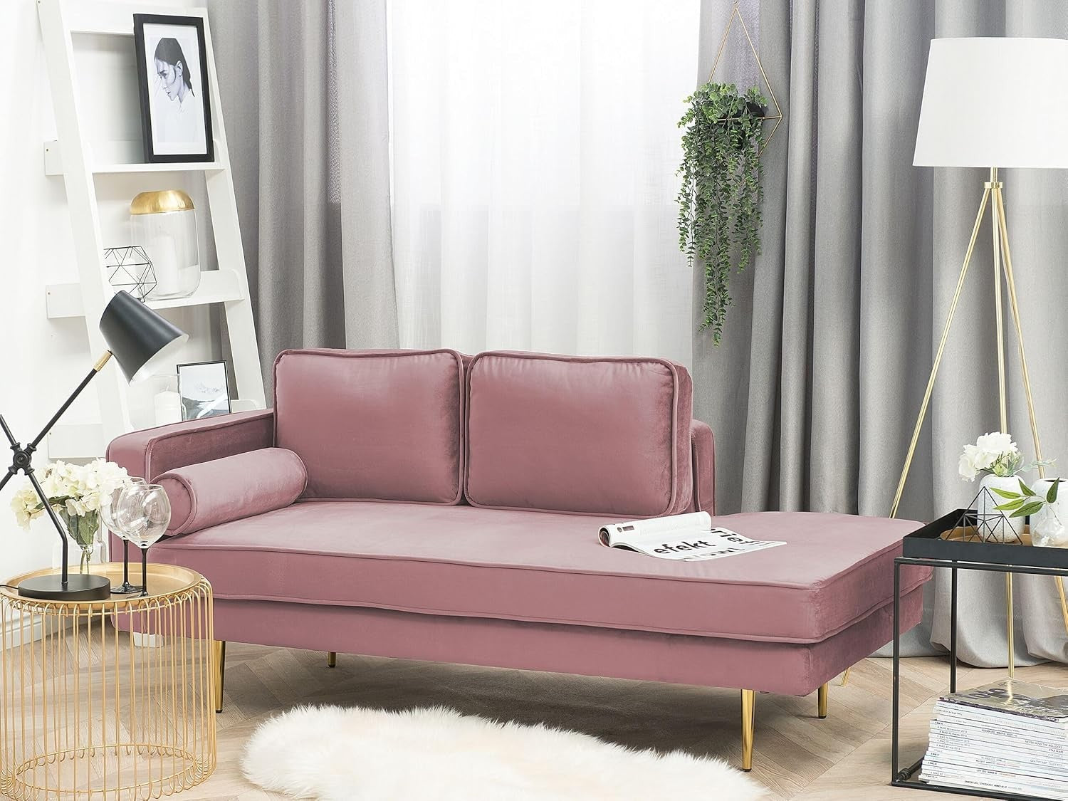 Pink Velvet Chaise Lounge Sofa | Gold Metal Legs, Glam Compact Seating
