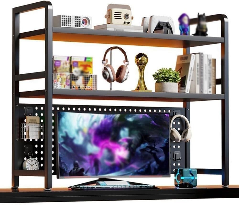 Black 2-Tier Desk Organizer Shelf w/ Pegboard | Metal Desktop Rack 55x20x98cm