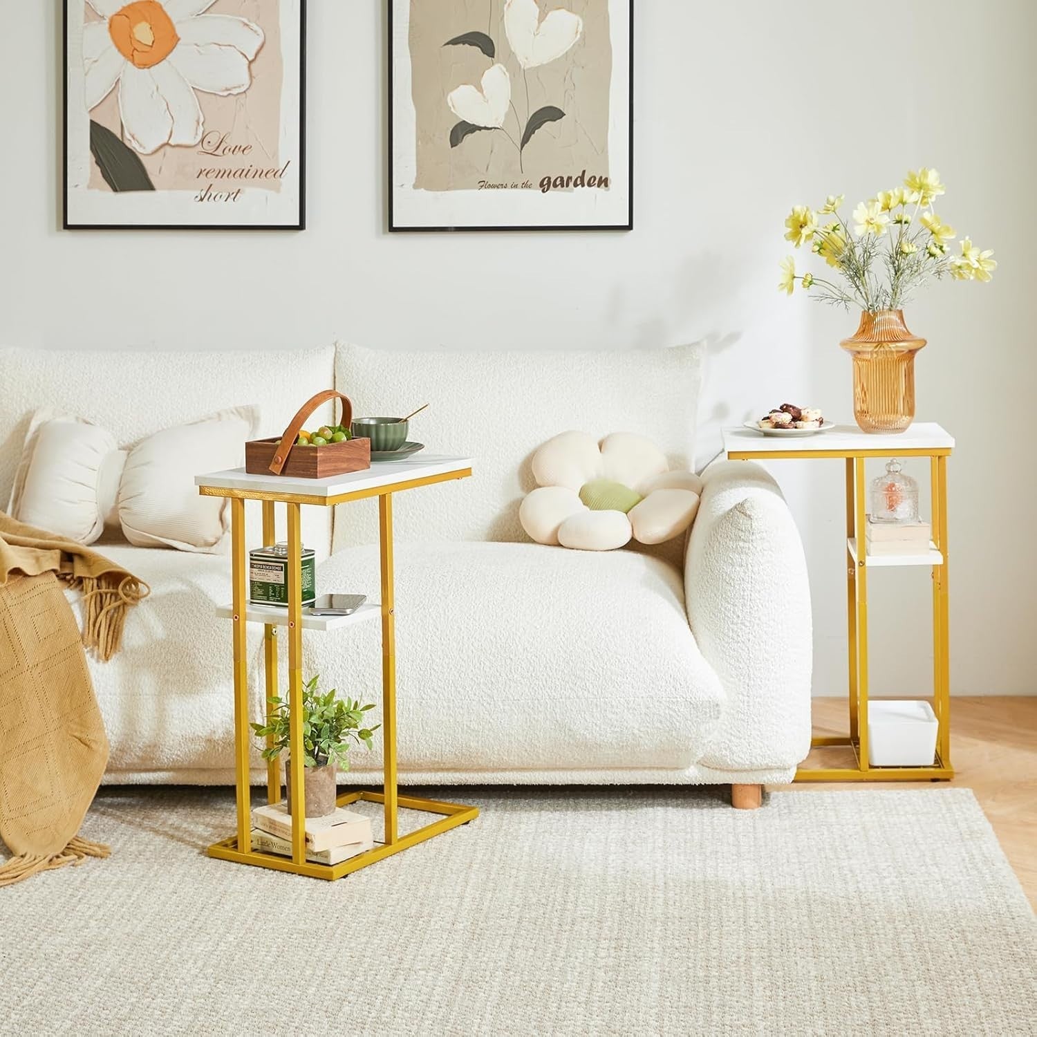 C-Shaped Side Table Marble Pattern White & Gold – Compact, Sturdy, Easy Access