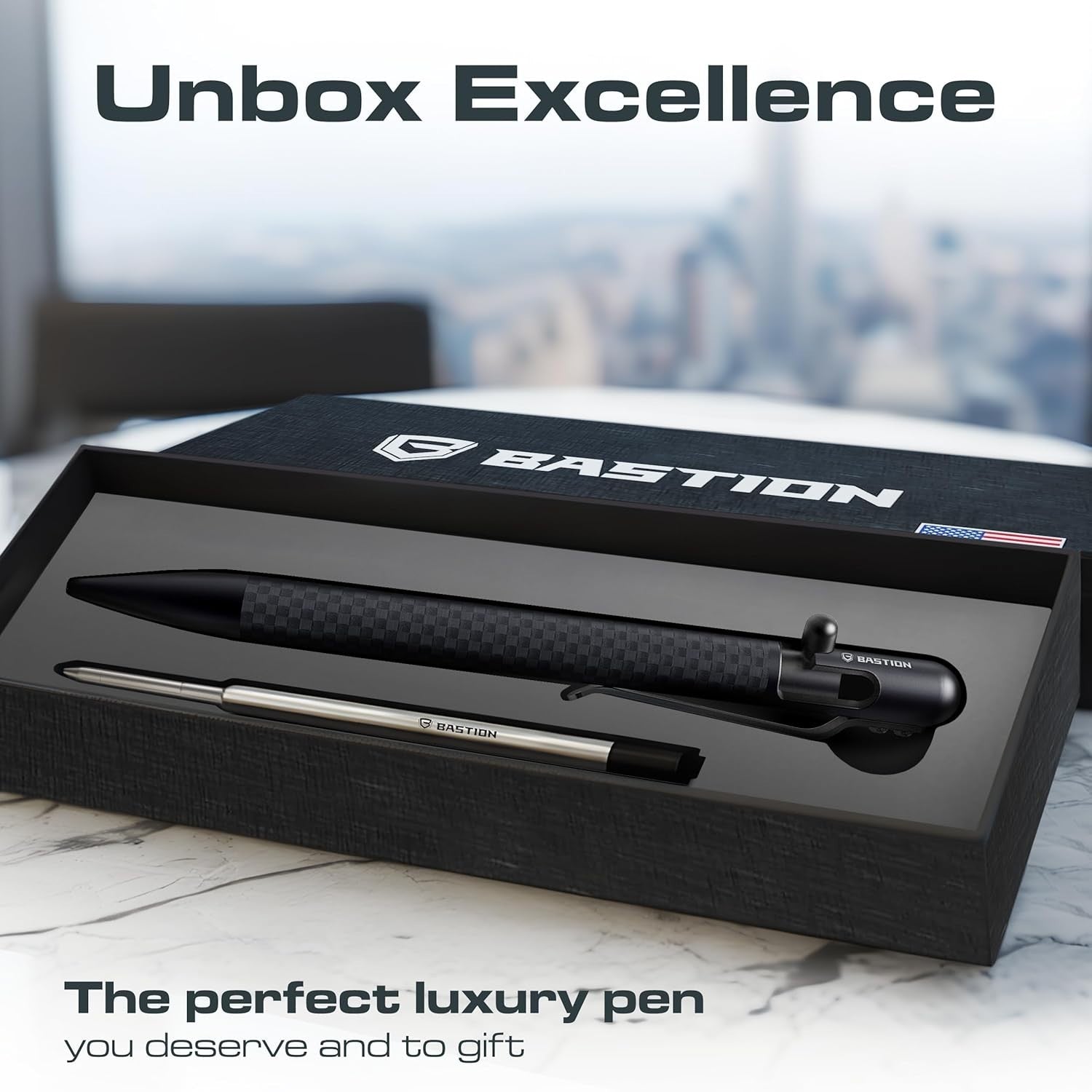 Luxury Carbon Fibre Black Ballpoint Pen – Slim, Bolt Action, Gift Ready