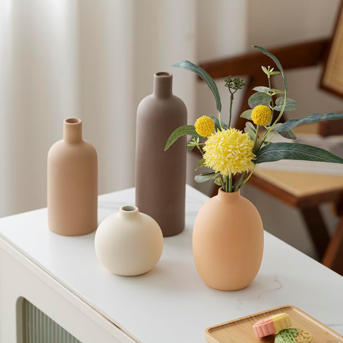 Modern Ceramic Vase Set 4 Neutral Coffee Tones Minimalist Home Decor