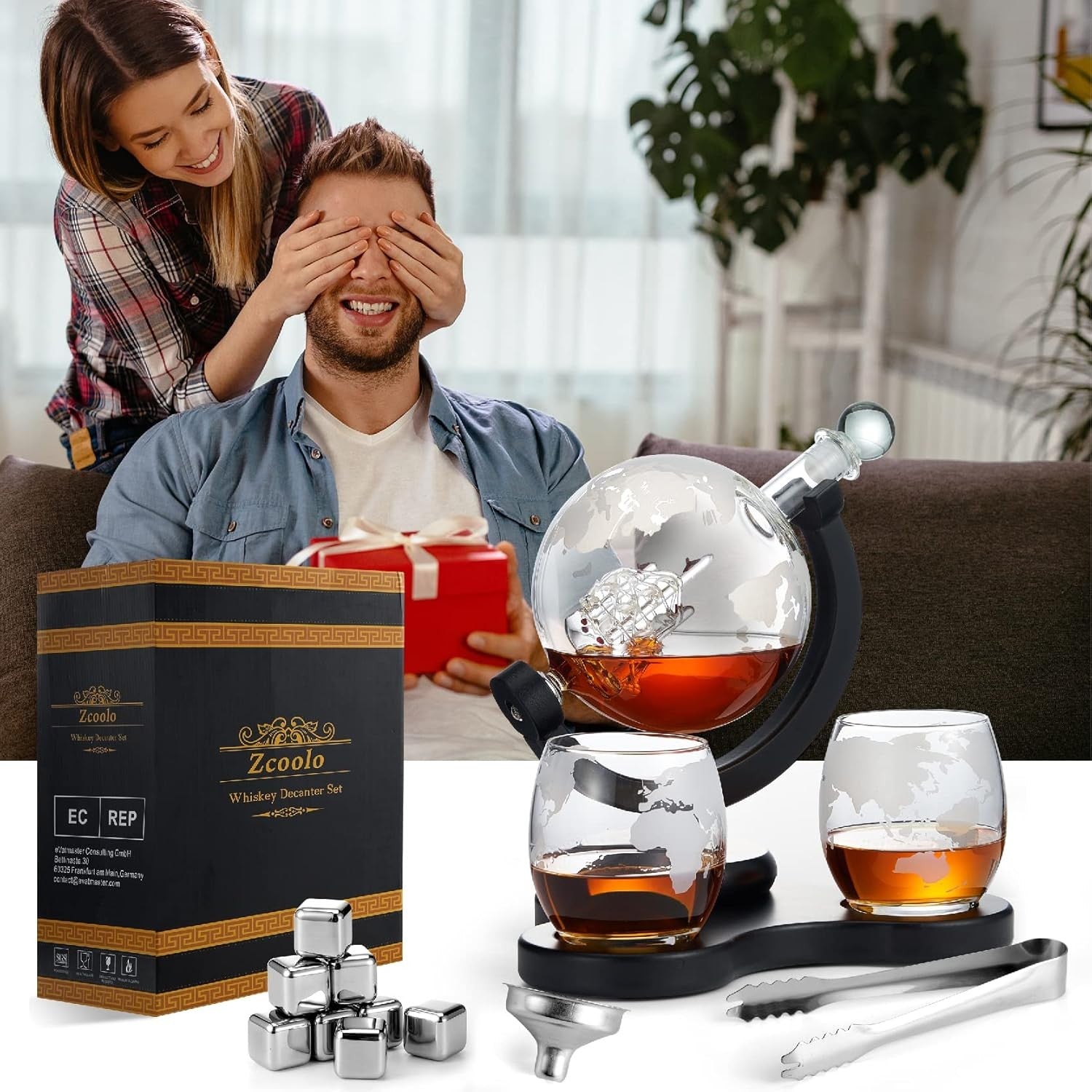 Luxury Globe Whiskey Decanter Set 850ml Glass with 2 Tumblers & Ice Stones