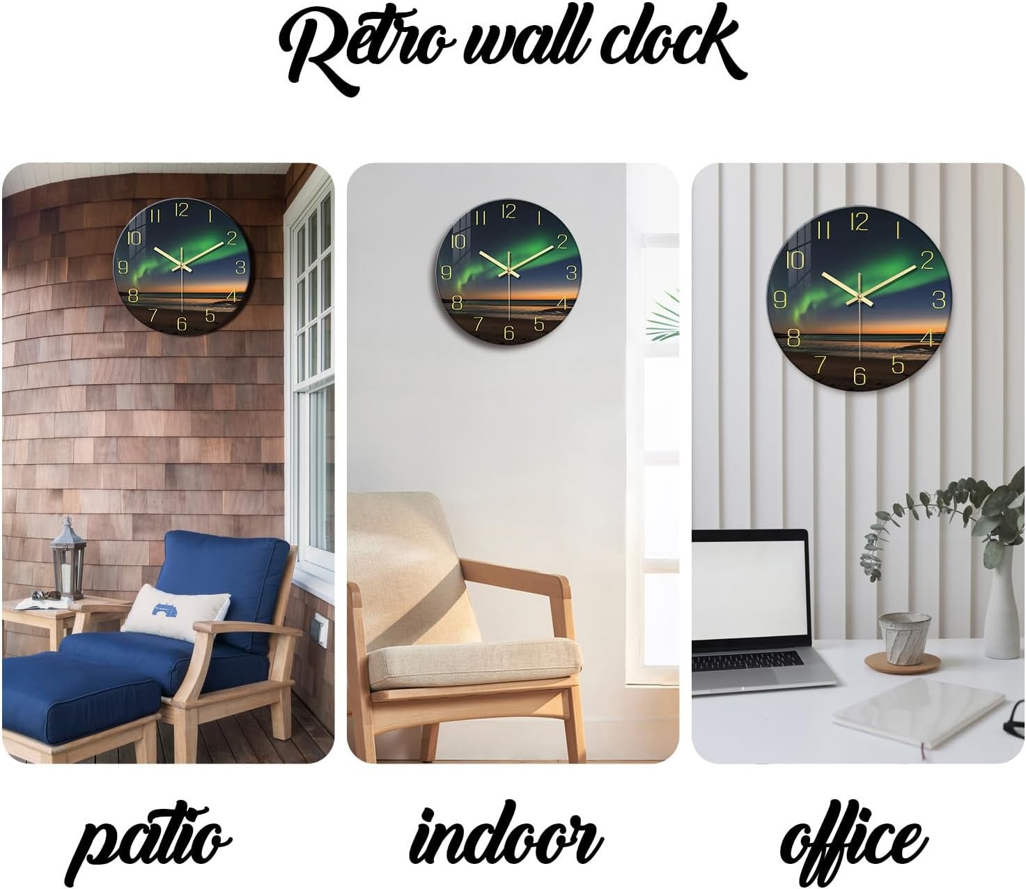 Aurora Wall Clock 12" Glass Silent Non-Ticking Modern Green Gold Home Decor