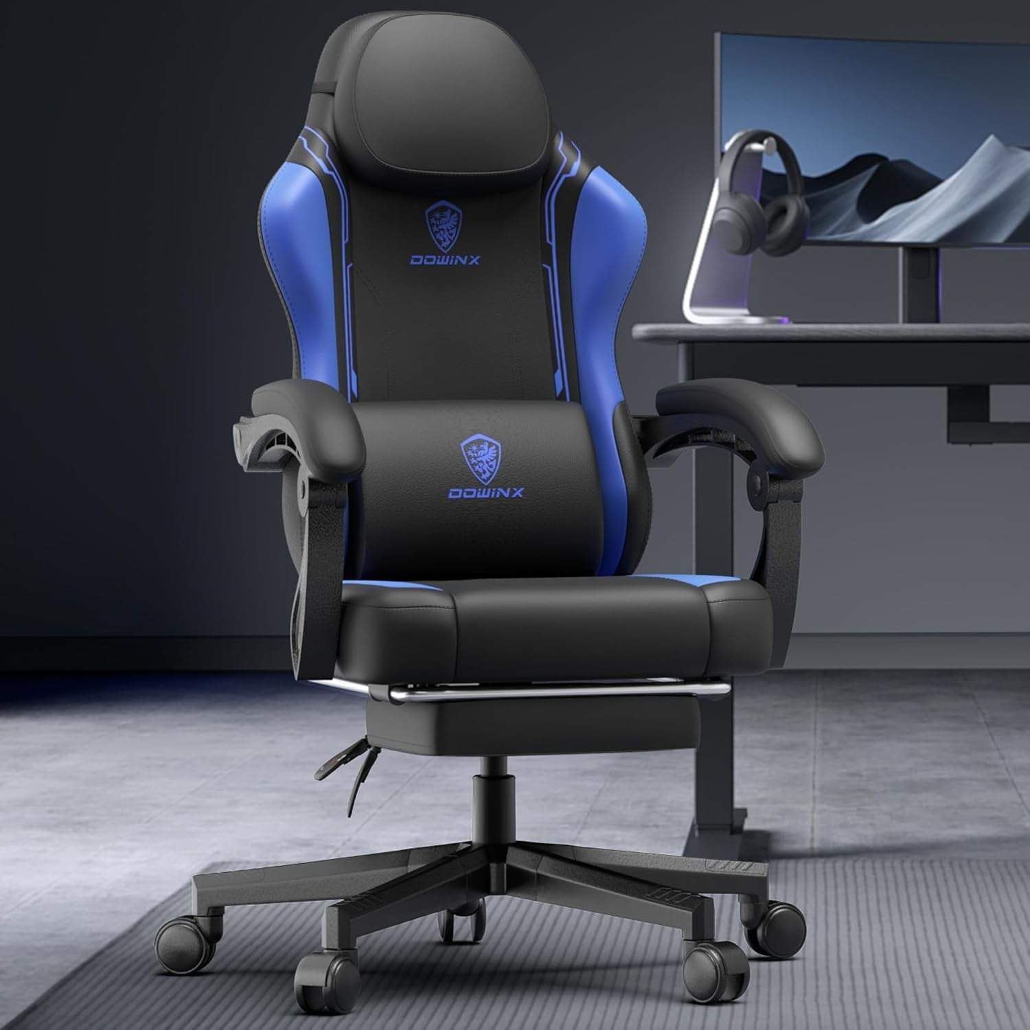 Ergonomic Gaming Chair Blue w/ Footrest Massage Lumbar Support