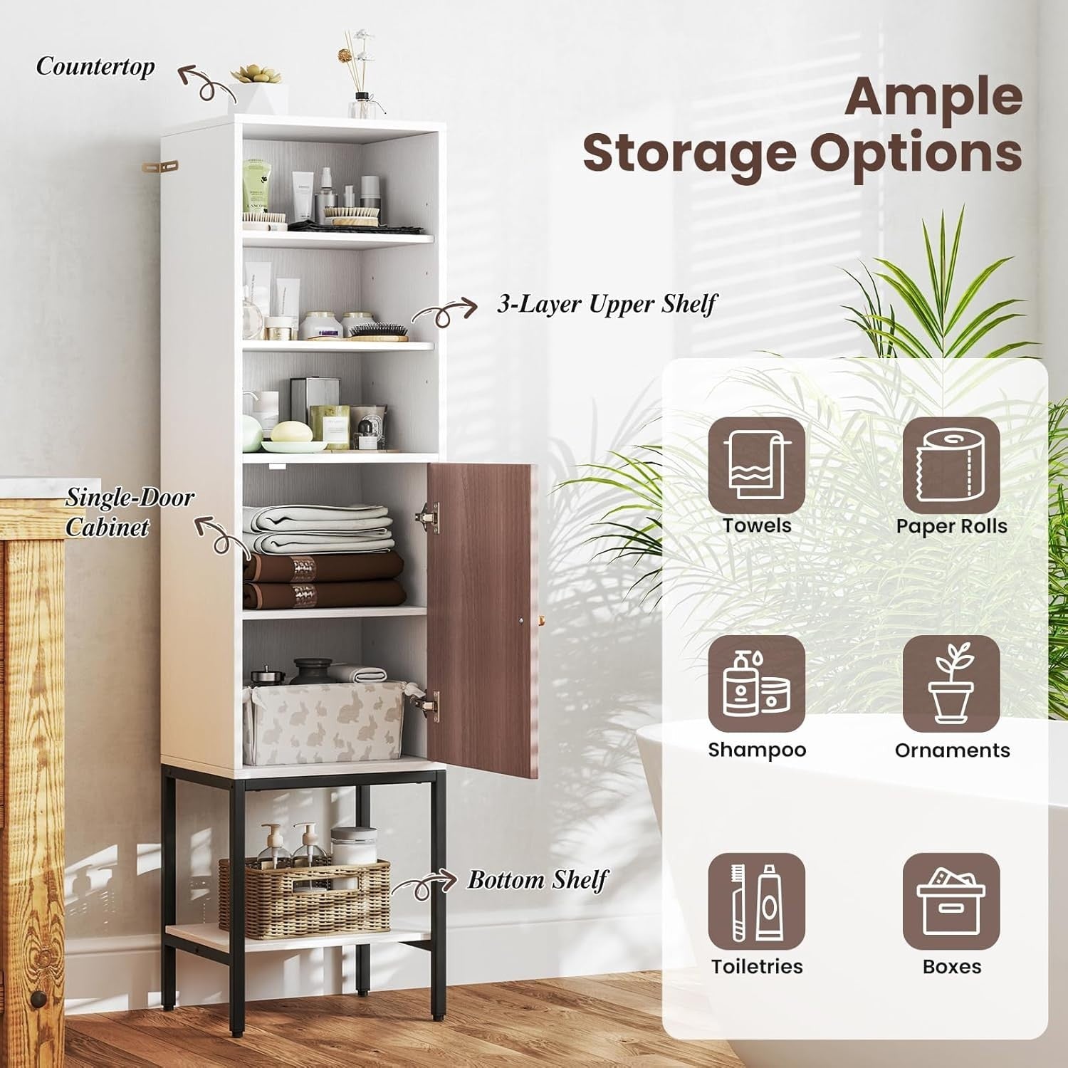 146cm Tall Wooden Storage Cabinet White Adjustable Shelves Slim Cupboard
