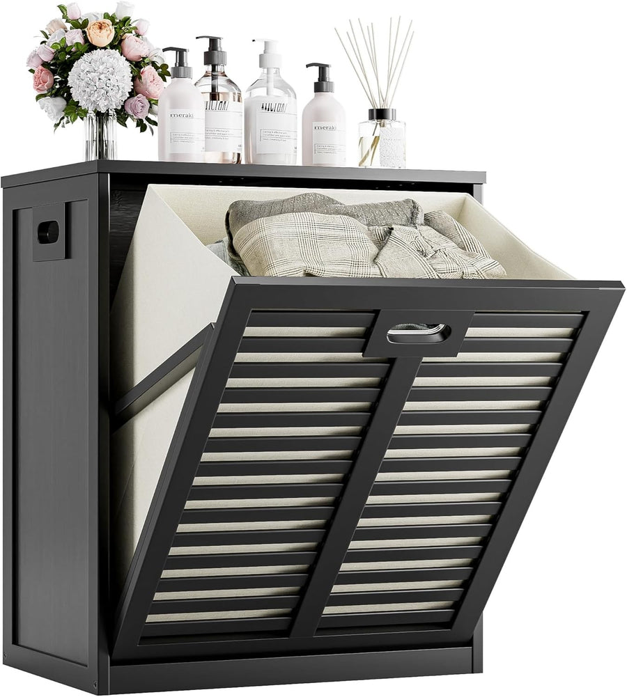 Bamboo Tilt Out Laundry Hamper Cabinet with Removable Bag Storage Black