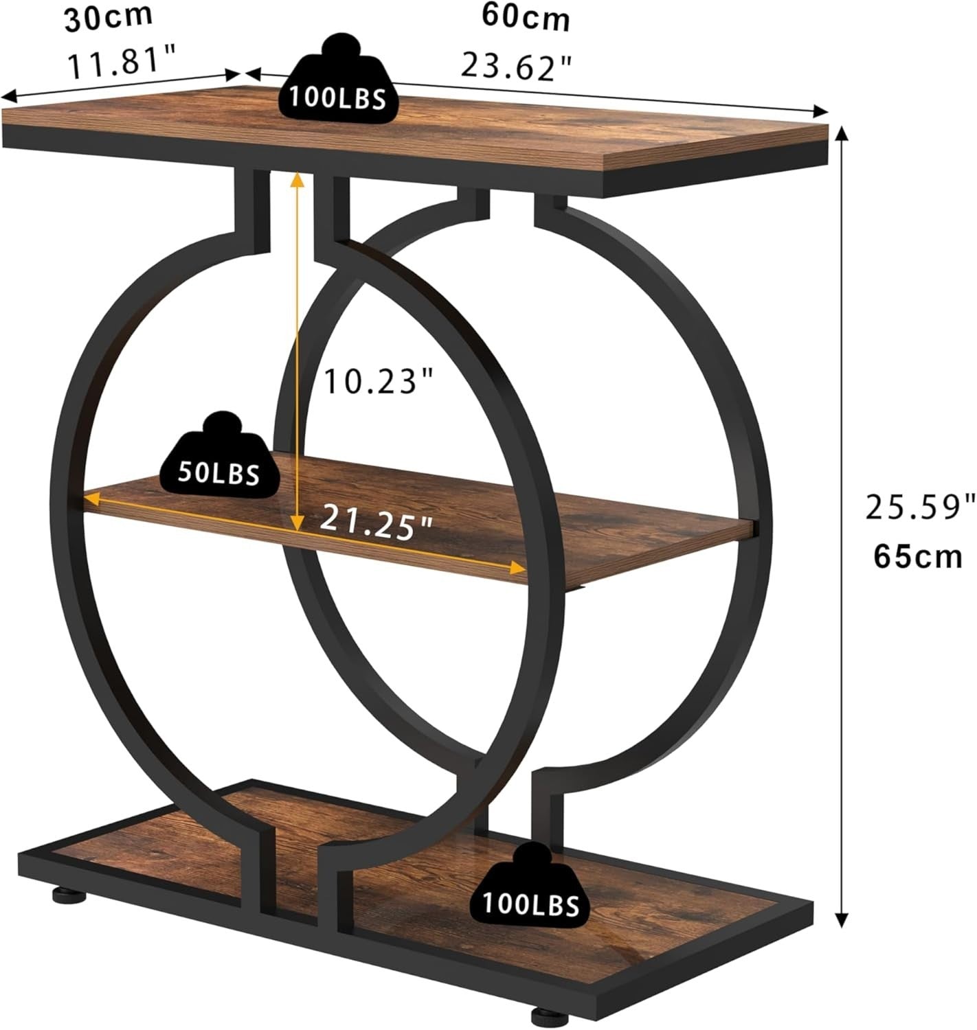 3-Tier Round End Table with Geometric Metal Base, Rustic Brown 30x60x65cm