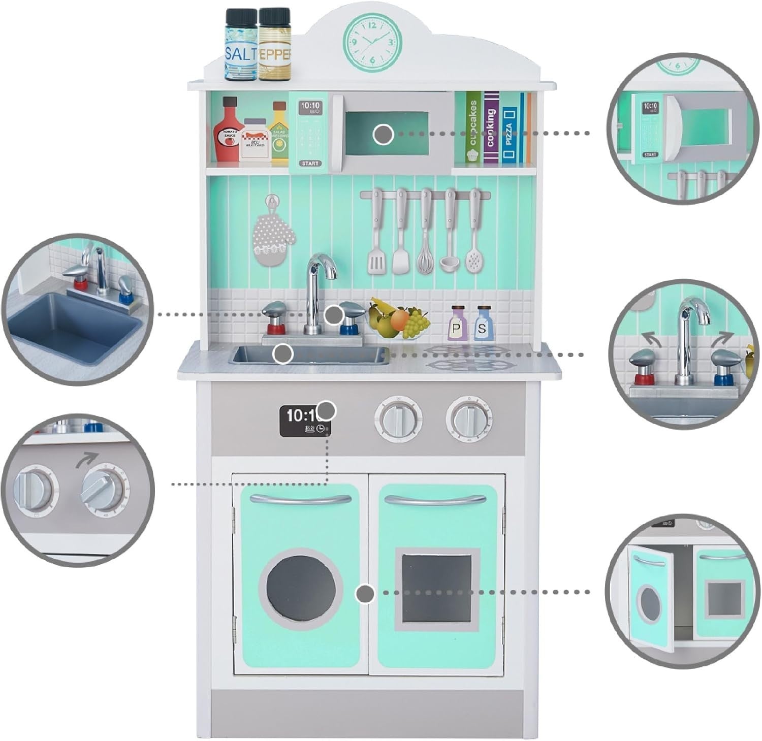 Compact Wooden Kids Play Kitchen Grey Mint Pretend Cooking Set