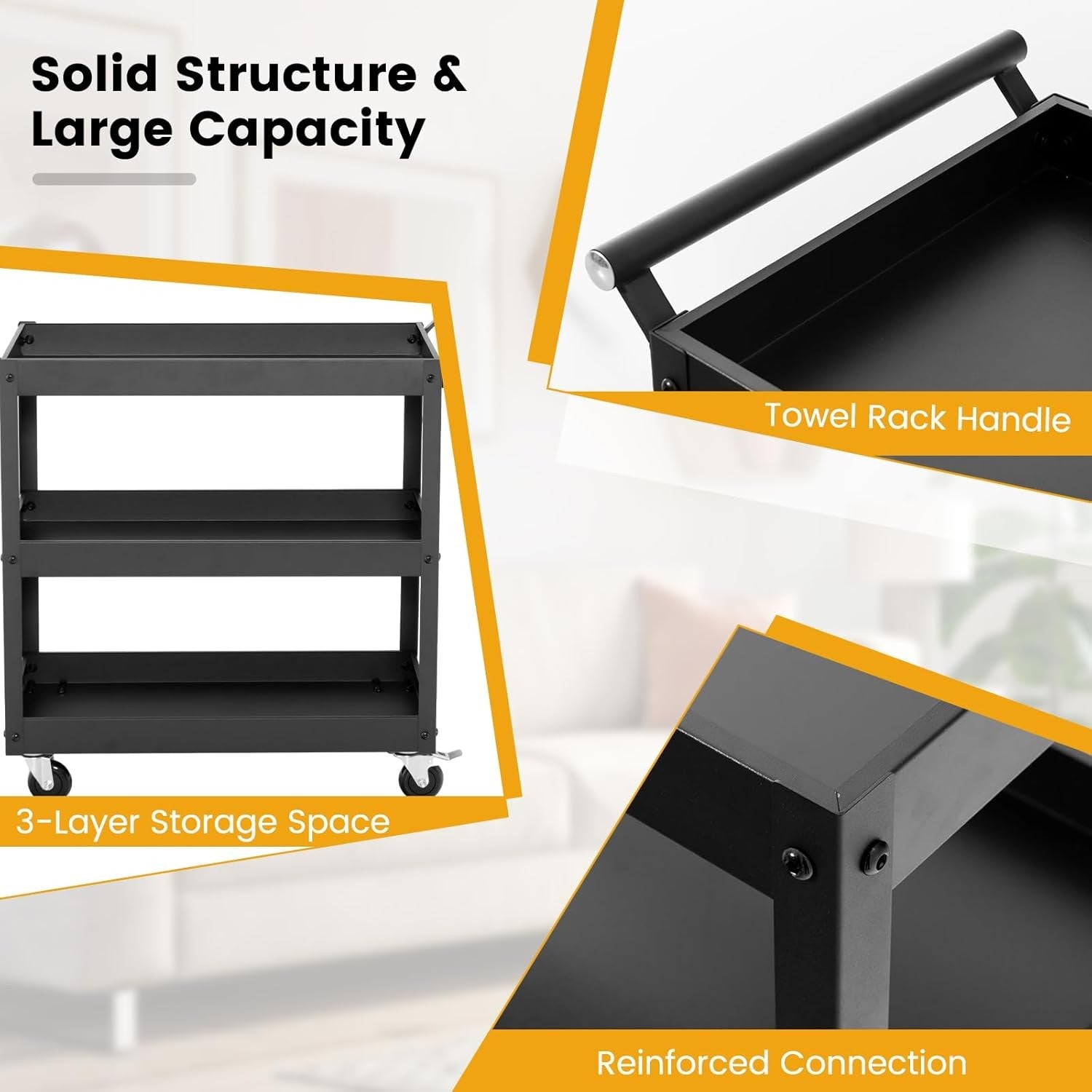 3 Tier Heavy Duty Tool Trolley Rolling Utility Cart Lockable Wheels Black