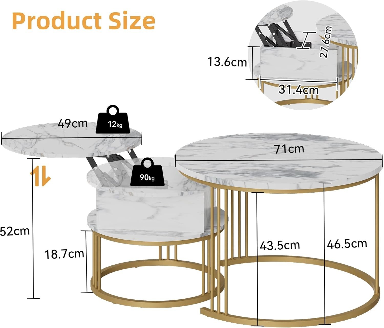 Marble Nesting Coffee Table Set, Lift-Top Hidden Storage, Round End Tables