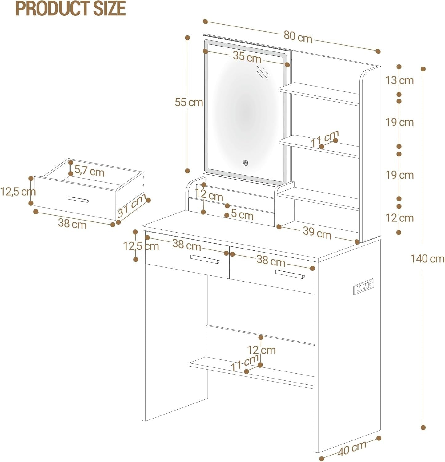 White Vanity Desk with LED Mirror & Charging Station Makeup Table Storage