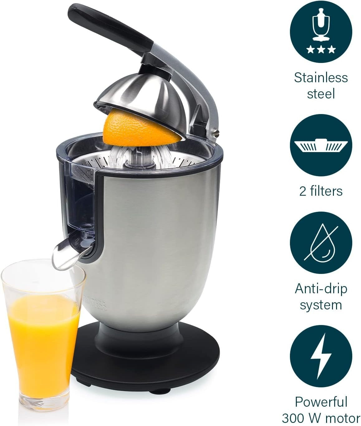Electric Citrus Press 300W Stainless Steel Lever Juicer Drip Free