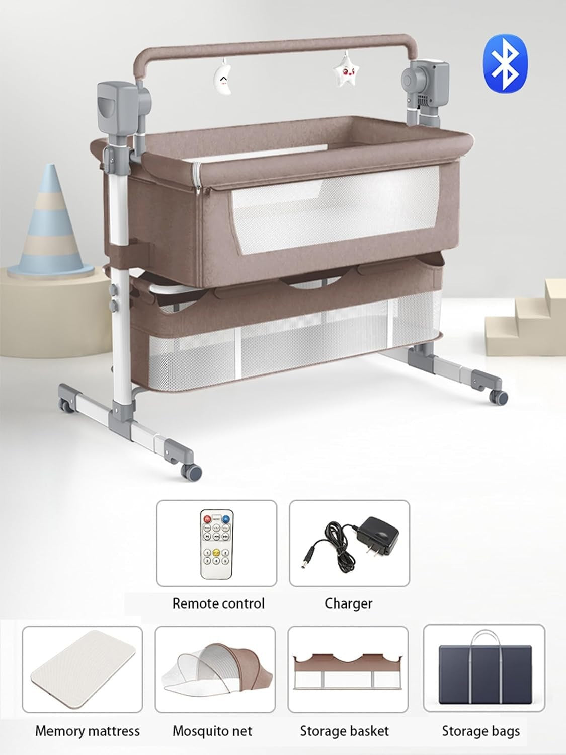 Smart Baby Bedside Crib with Music, Remote, Adjustable Height & Swing Khaki