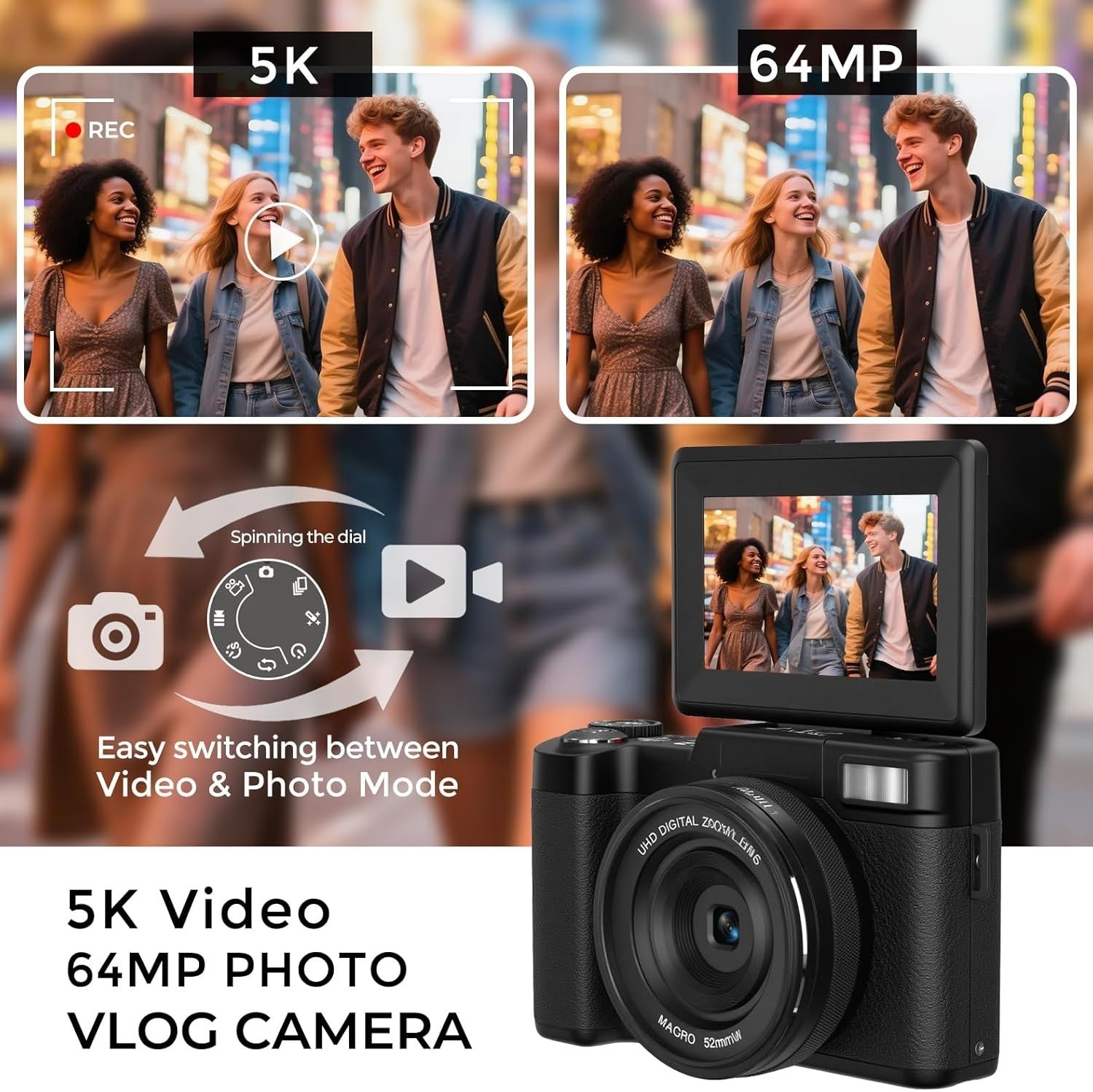 5K 64MP Vlogging Camera WiFi Flip Screen Tripod Camera Kit