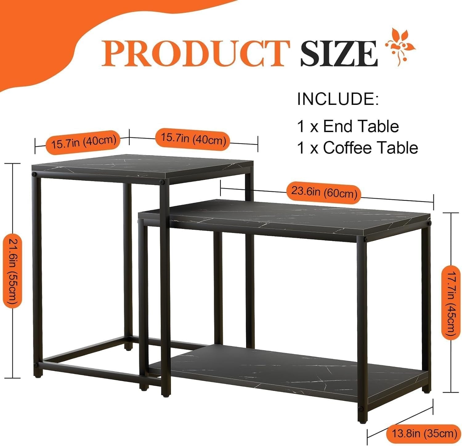 Nesting Coffee Table Set of 2 Modern Black Metal Frame Living Room Furniture