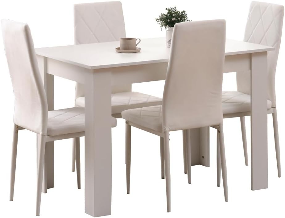 Modern 5-Piece Dining Set White Table White Velvet Chairs Compact Kitchen